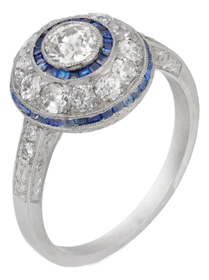Early 20th Century Art Deco Inspired Old European Cut Diamond Sapphire Platinum Halo Ring, Size 7