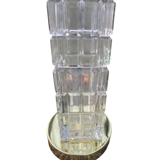 Vintage Portuguese Crystal Column Table Lamps, a Pair, Faceted Glass, Brass Bases. For Sale In Austin - Image 6 of 11