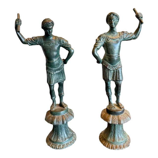 Vintage Maitland Smith Bronze Roman Statue-Pair-Verdigris Neoclassical-Sculpture For Sale
