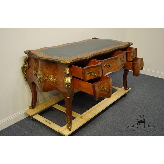 Vintage French Provincial Louis XV Burled Walnut & Kingwood Bureau Plat / Executive Desk W. Tooled Leather Top & Gilt Figural Mounts For Sale - Image 10 of 11