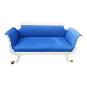 Vintage Rare Duncan Phyfe Curvy Pagoda Top White Wood Blue Upholstered Claw Foot Settee Sofa