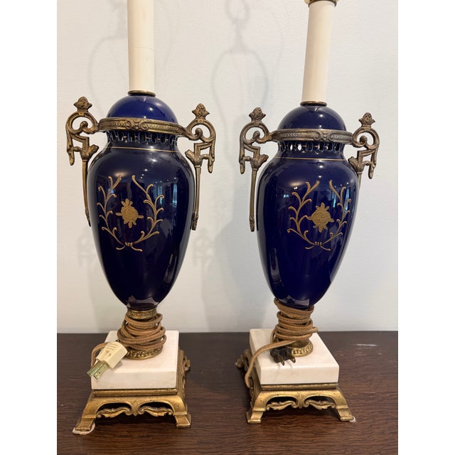 French Country Late 19th Century Sevres Style Blue Porcelain Gilt Bronze Mounted Lamps- Hand Painted - a Pair For Sale - Image 3 of 5