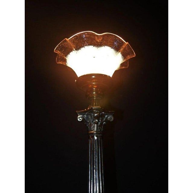 British Brass Corinthian Column Table Lamp with Vaseline Glass Shade, 1940s For Sale - Image 13 of 14