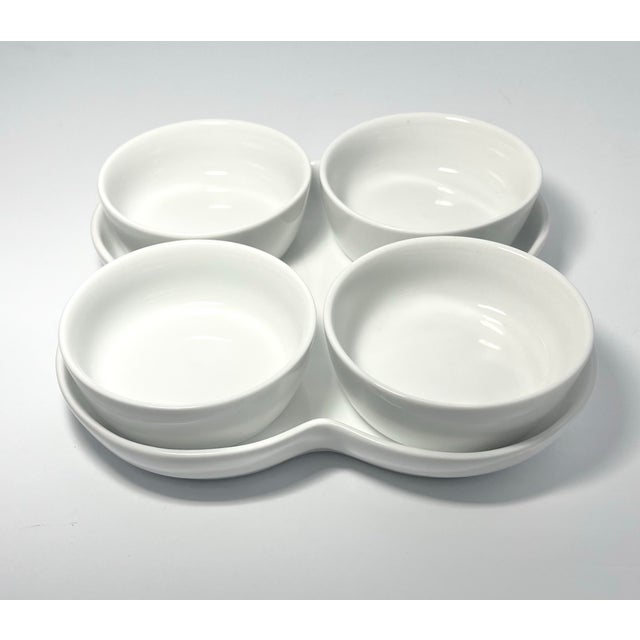 Contemporary Crate & Barrel 5-Piece White Porcelain Tray & Dipping Sauce Appetizer Bowls For Sale - Image 3 of 10