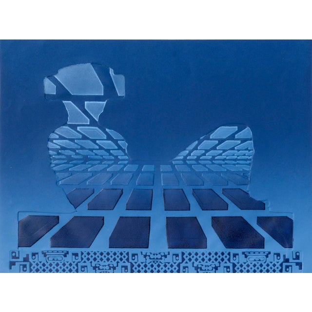 Modern and bold abstract geometric composition of Mayan sculpture Chac Mool in sky blue by Marilyn Kruger (American, 20th...