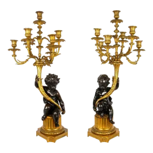 French Bronze Antique Putto Sculpture Figural Candelabra - a Pair, 19th Century