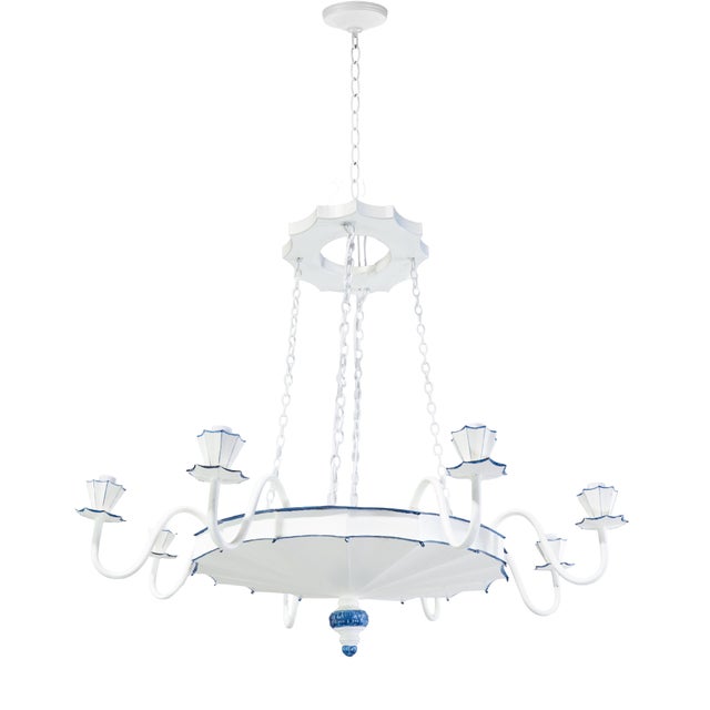 Vintage Handmade White and Blue Iron 8-Light Pendant Chandelier For Sale In New York - Image 6 of 10