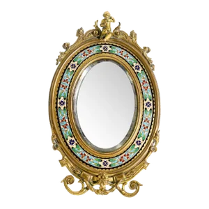 Early 1900s Victorian French Champleve and Bronze Vanity Mirror