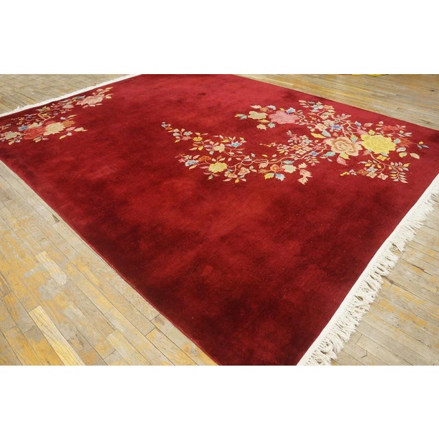 Art Deco 1930s Ruby Red Modern Floral Antique Chinese Art Deco Carpet 8'10" X 11'8" Knotted Wool Rug For Sale - Image 3 of 9