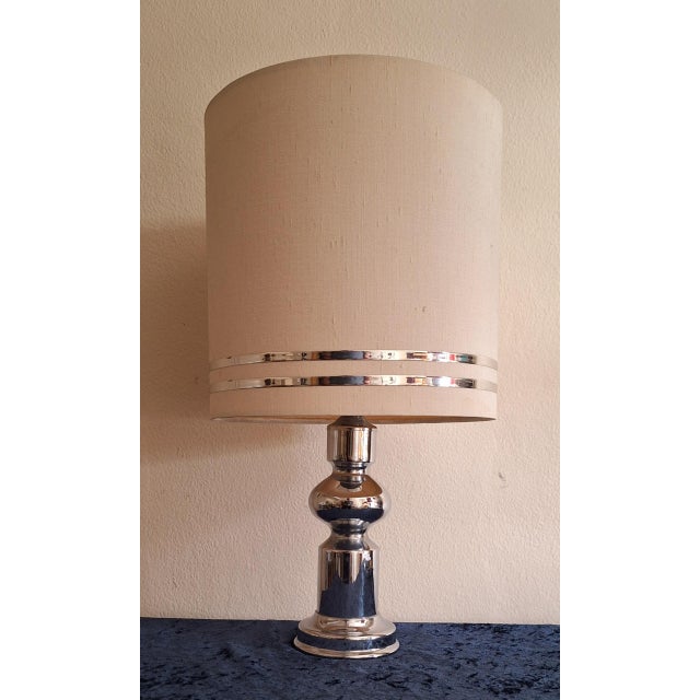 Vintage German Table Lamp with Chrome-Plated Metal Base and Original Fabric Shade by Aro, 1970s For Sale - Image 6 of 8