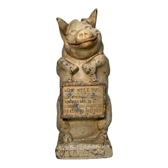 Antique Thrifty Be Wise Metal Pig Hand Painted Cast Metal Coin Still Dime Bank For Sale