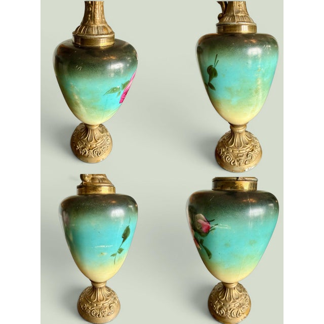 Victorian Austrian Hand Painted Ewers Pair-Griffin-Green Man-Bronze-Antique-Rose For Sale - Image 11 of 11