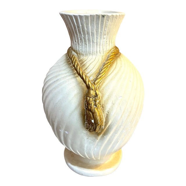 Cream/Gold Rope Trompe l'Oeil Large Plaster Vase For Sale