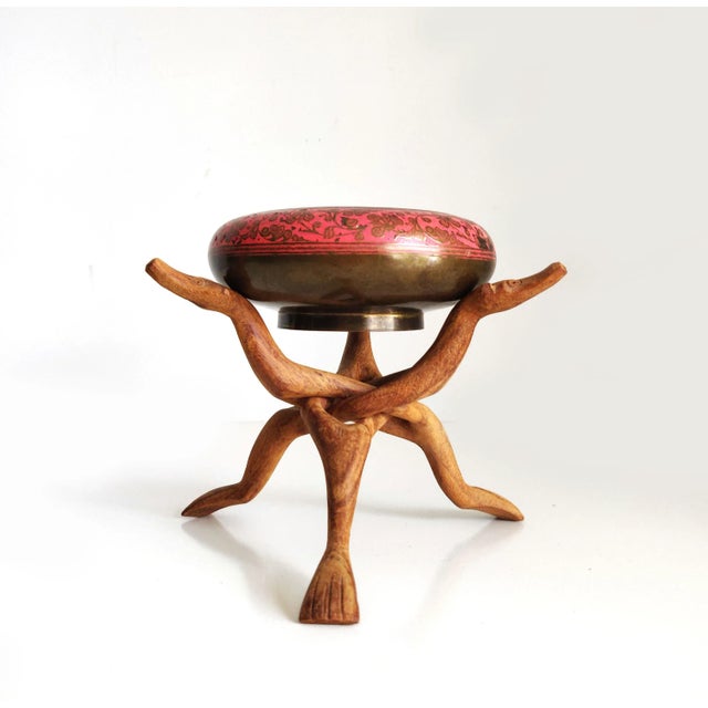 Mid 20th Century Mid 20th Century Hand-Carved Interlocking Legs With Enameled Brass Bowl For Sale - Image 5 of 6