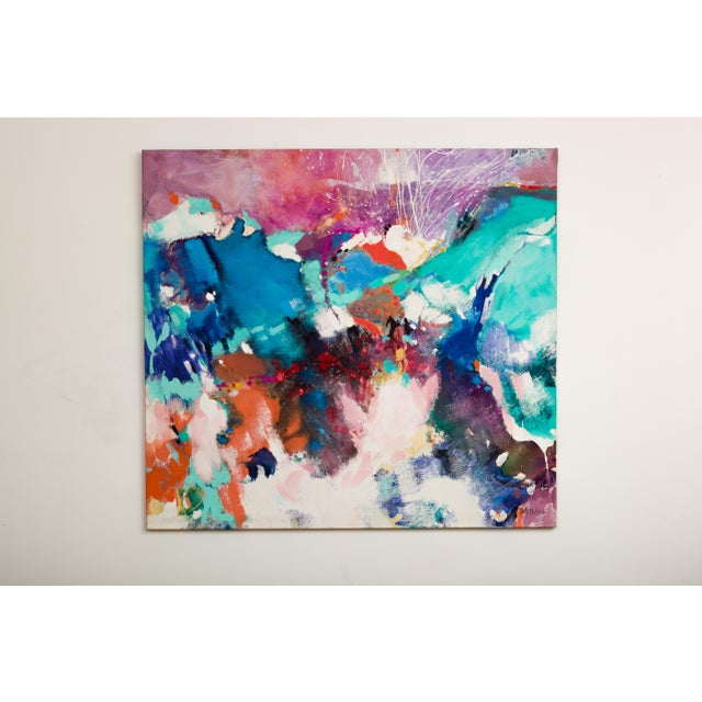 Large 1980s abstract acrylic on canvas painting entitled "West Coast", by painter Betty Hudson. Splashes of aqua, indigo,...