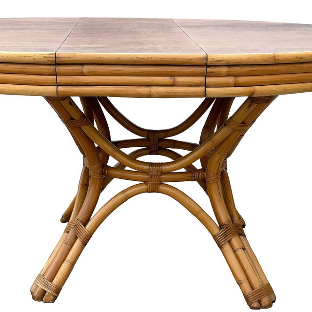 1950s Restored Round Rattan & Mahogany Dining Table W/ Leaf For Sale In Los Angeles - Image 6 of 12