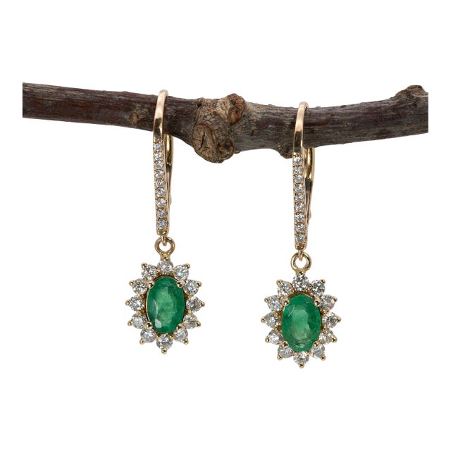 Zambian Emerald Earrings With Natural Diamonds Accents: Solid 14k Gold, 6x4mm, A Pair For Sale
