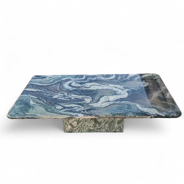 Late 20th Century Postmodern Green Marble Coffee Table With Plinth Base For Sale In Los Angeles - Image 6 of 15
