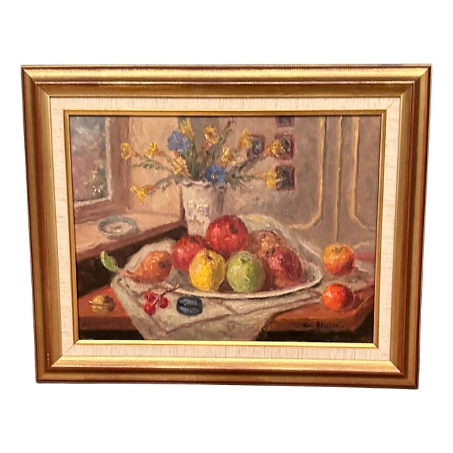 Christian Rhode, Still Life with Vase and Fruits, 1950s, Oil on Canvas, Framed For Sale