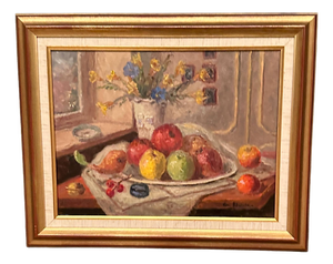 Christian Rhode, Still Life with Vase and Fruits, 1950s, Oil on Canvas, Framed