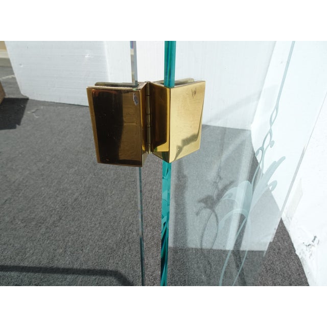 Fireplace Screen With Three Panel Floral Etched Glass and Brass Hinges For Sale - Image 15 of 18