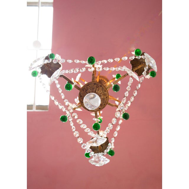 Antique French Chandelier with Bronze Drops and Green Crystal, 1960s For Sale - Image 4 of 9