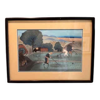 Shi Shunryo Vintage Japanese Woodblock Print Farmers Rice Paddy Framed 19x14 Min For Sale
