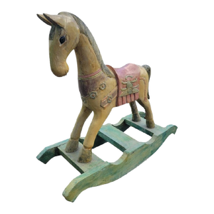 Vintage Solid Wood Carved Pastel Colored Decorative Rocking Horse Decor Statue