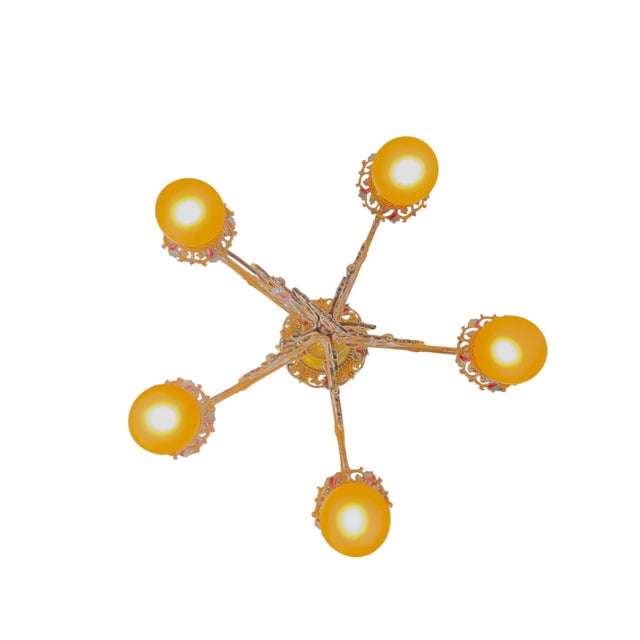 Metal 1910s Cast Brass Semi Flush Ceiling Light With Red and Blue Embellishments Circa 1915 For Sale - Image 7 of 16