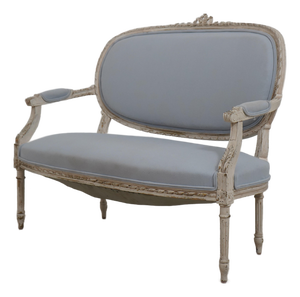 French Louis XVI Style Blue & White Oval Back Settee