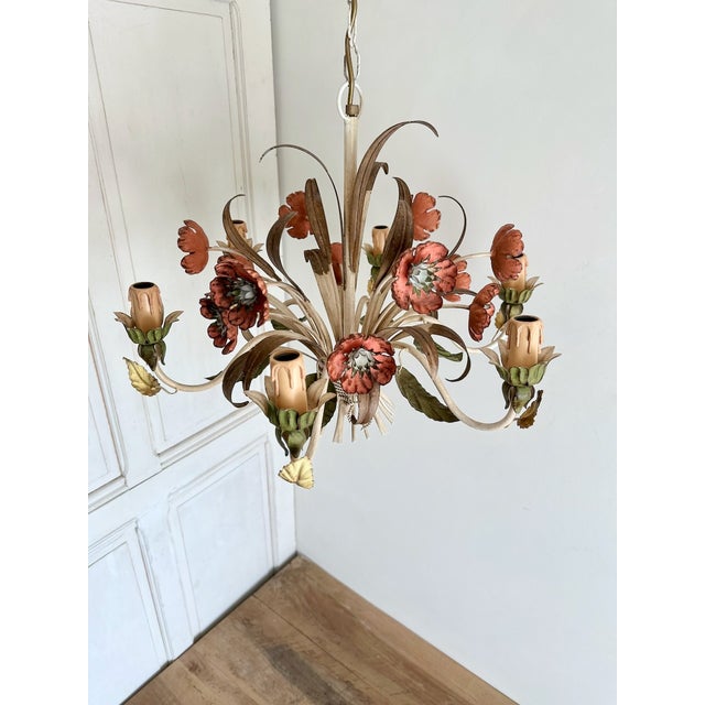 Mid-Century Modern Vintage Passeri Florentine Floral Chandelier in Hand-Painted Wrought Iron, Italy, 1960s For Sale - Image 3 of 15