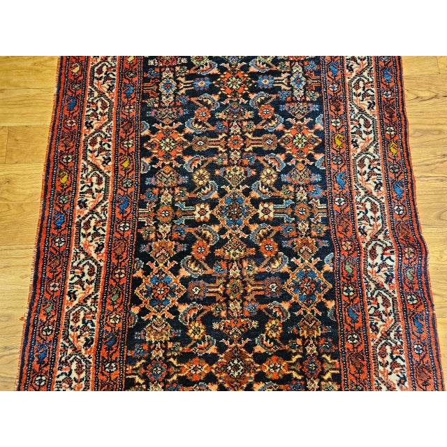 Vintage Persian Malayer Runner Rug, Hand-Knotted Wool, Geometric Pattern, 3x20, Navy & Red For Sale - Image 10 of 14