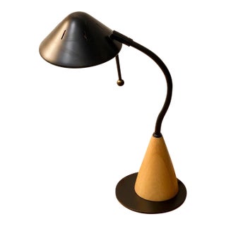 Vintage Postmodern Black & Wood Cone Desk Lamp For Sale