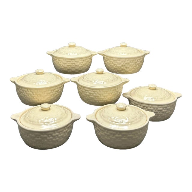 Vintage 1930’s Weller Pottery “Pierre” lidded, handled beige basketweave individual casseroles/tureens. They measure...