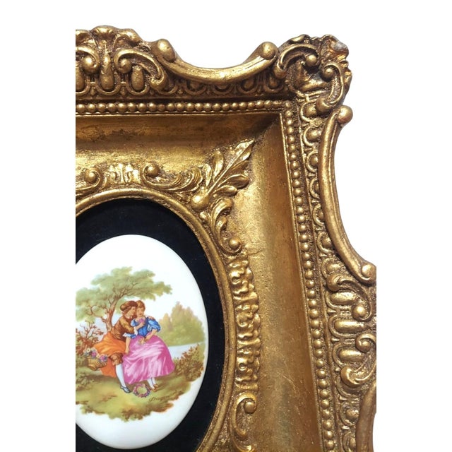 Early 20th Century Antique Florentine Porcelain Courting Couple Scene Gold Frame Fragonard Brass Metal Backing For Sale - Image 10 of 10