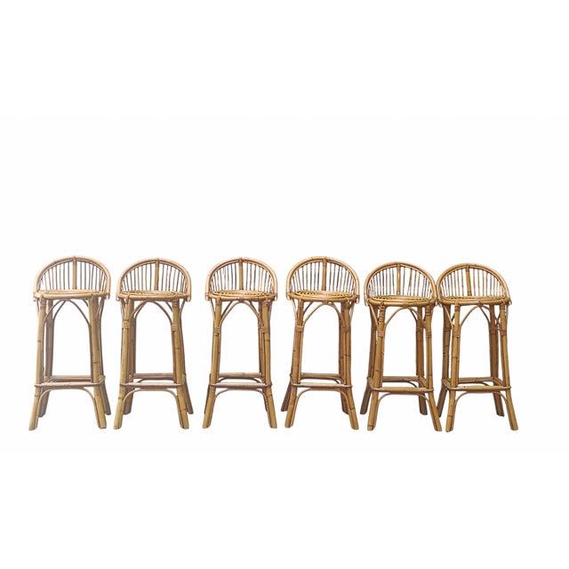 Brown Vintage Rattan and Bamboo Bar Stools by Franco Albini, Italy, 1960s, Set of 6 For Sale - Image 8 of 9