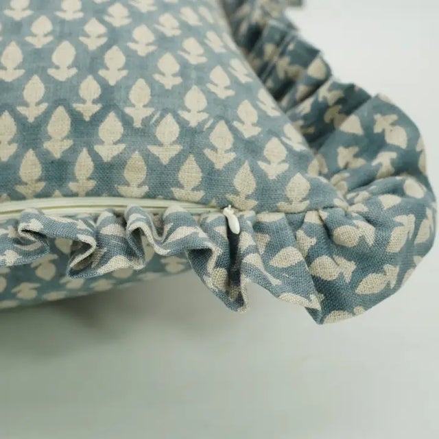 Fabdivine Ethnic Block Print Fril Cushion Cover Gray 26x26 Inch Pure Linen- Haryali For Sale - Image 4 of 5