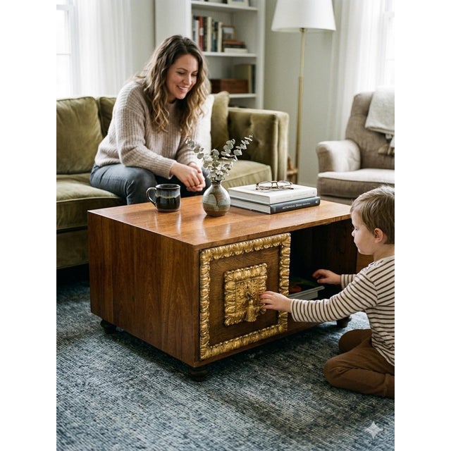 This striking mid-century low-profile cube cabinet is an exceptional example of Hollywood Regency glamour blended with...