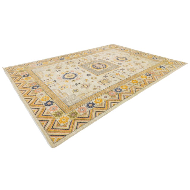 Cream Modern Khotan Style Hand-Knotted Wool Rug Neutral & Ochre Transitional 10x14 For Sale - Image 8 of 12