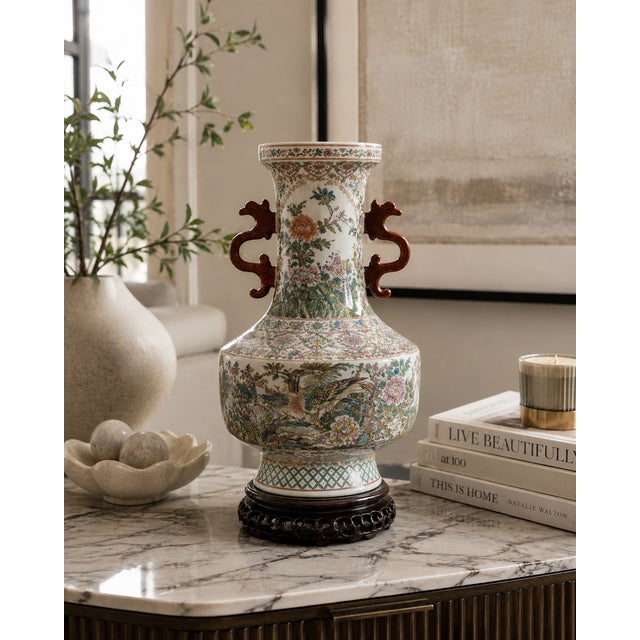 Chinoiserie Large 18" Chinese Famille Rose Porcelain Vase With Dragon Handles & Peacocks For Sale - Image 3 of 12