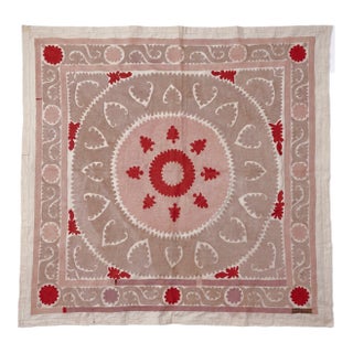 Hand-Embroidered Neutral Tan Suzani Wall Decor 4'9'' X 4'10'' For Sale