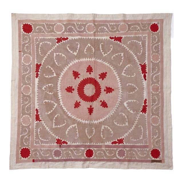 Hand-Embroidered Neutral Tan Suzani Wall Decor 4'9'' X 4'10'' For Sale