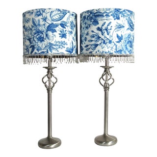 Vintage Brushed Niclel Buffet Table Lamps +Blue Toile Shades - a Pair For Sale