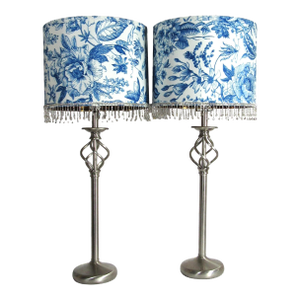 Vintage Brushed Niclel Buffet Table Lamps +Blue Toile Shades - a Pair
