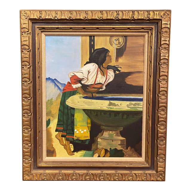 Mid-Century Oil on Canvas Painting in Gilt Frame Signed Mla After Leon Bonnat For Sale