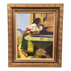 Mid-Century Oil on Canvas Painting in Gilt Frame Signed Mla After Leon Bonnat