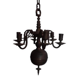19th Century Dutch Colonial Brass Six Light Rococo Chandelier with Original Thick Chain For Sale