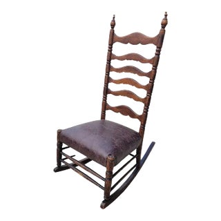 19Thc Ladder Back Rocking Chair W/ Leather Seat For Sale