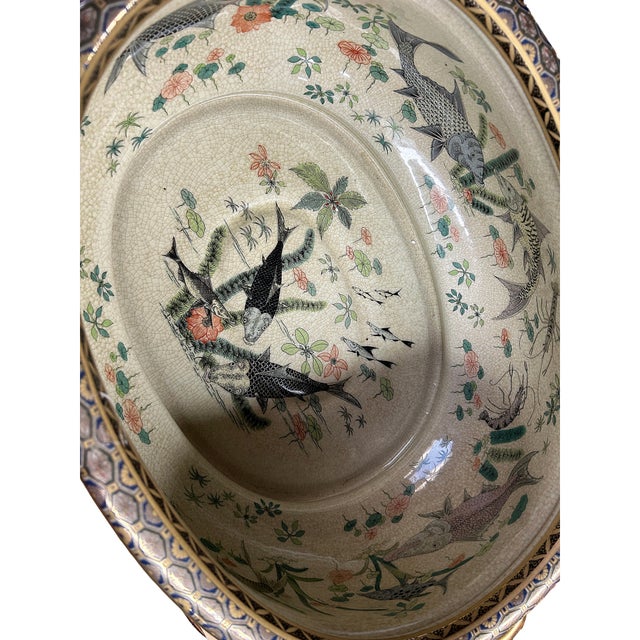 Porcelain Oriental Golden Color Satsuma Graphic Oval Pot For Sale - Image 12 of 12