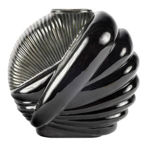 Postmodern Black Glazed Ceramic Studio Vase With Ribbed and Twisted Design, 1980s Decor
